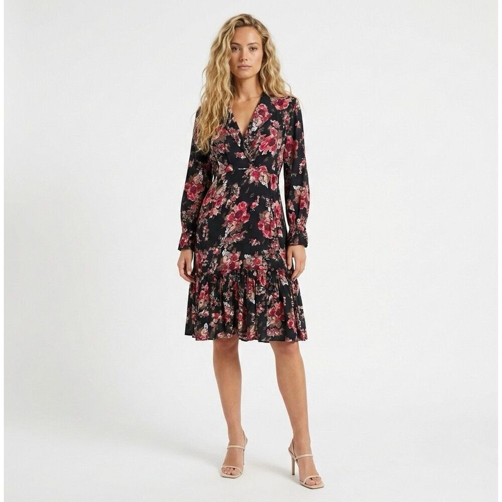 byTiMo Dark Floral Ruffle Long Sleeve Knee Length Dress Boho Wedding Guest Small